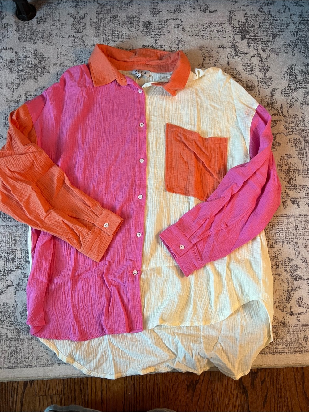 Colorblock Button-Down Shirt in Pink, Orange & Cream